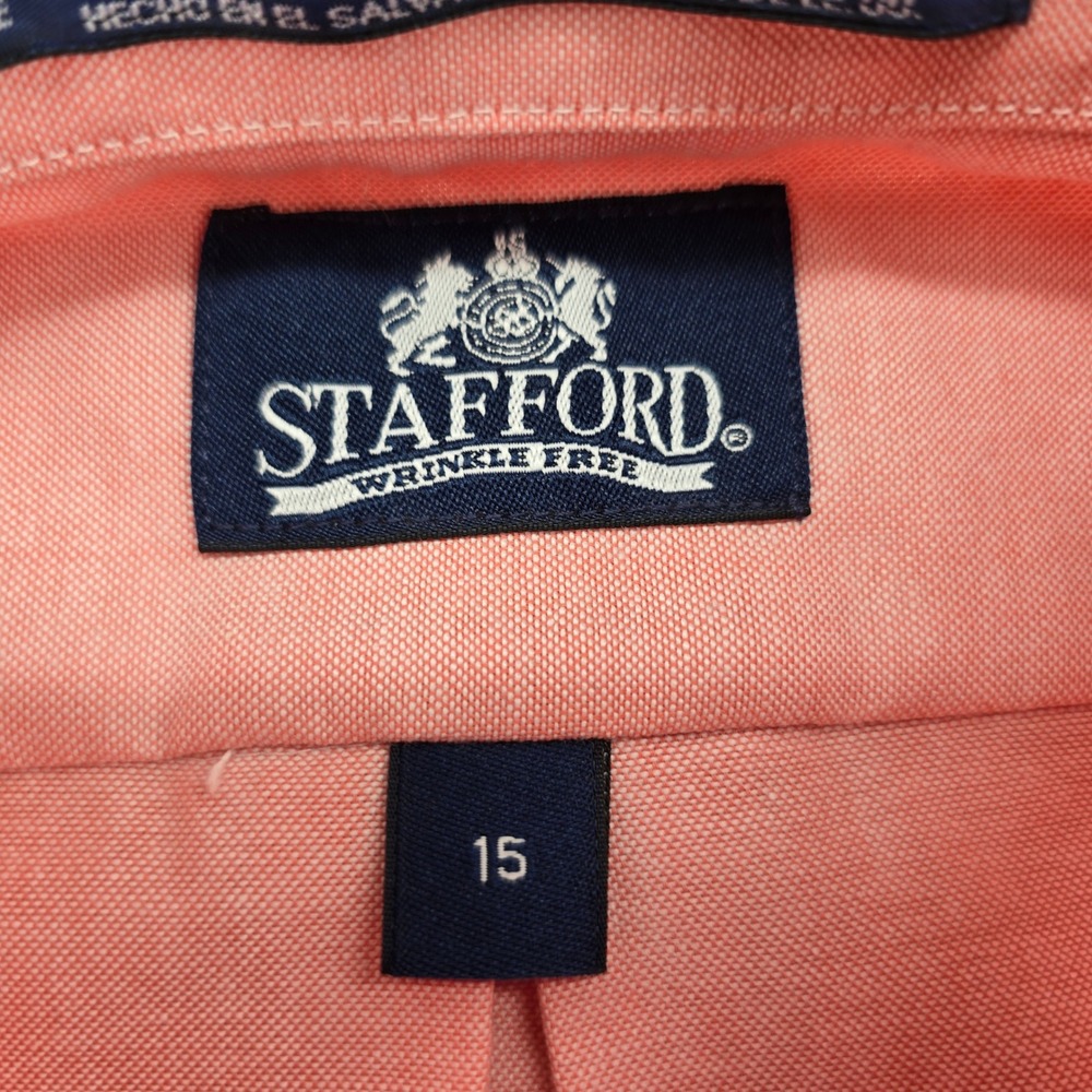 Stafford Button Down Mens 15 Short Sleeve Coral Pink Wrinkle Free Oxford Shirt - Picture 2 of 9